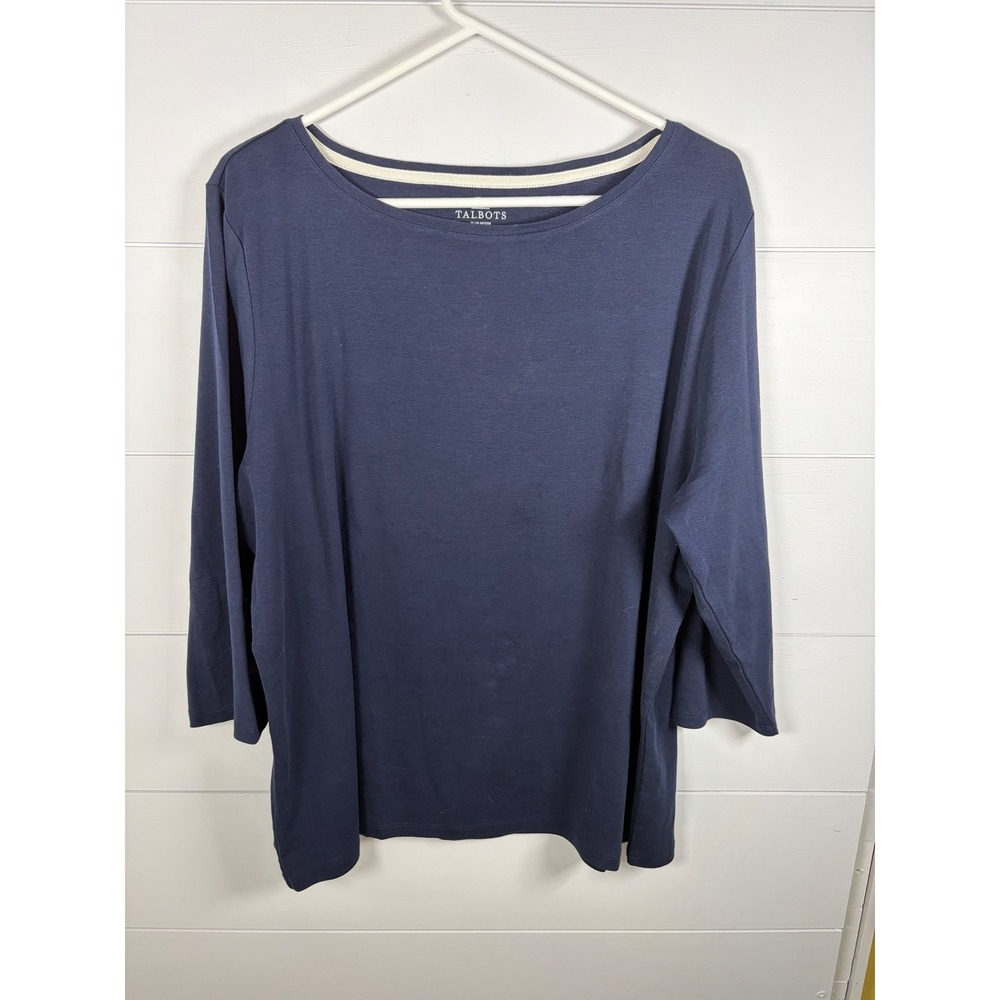 Talbots Tee T-Shirt Navy Blue Pima Cotton Boatneck 3/4 Sleeve Plus Petite 3XP